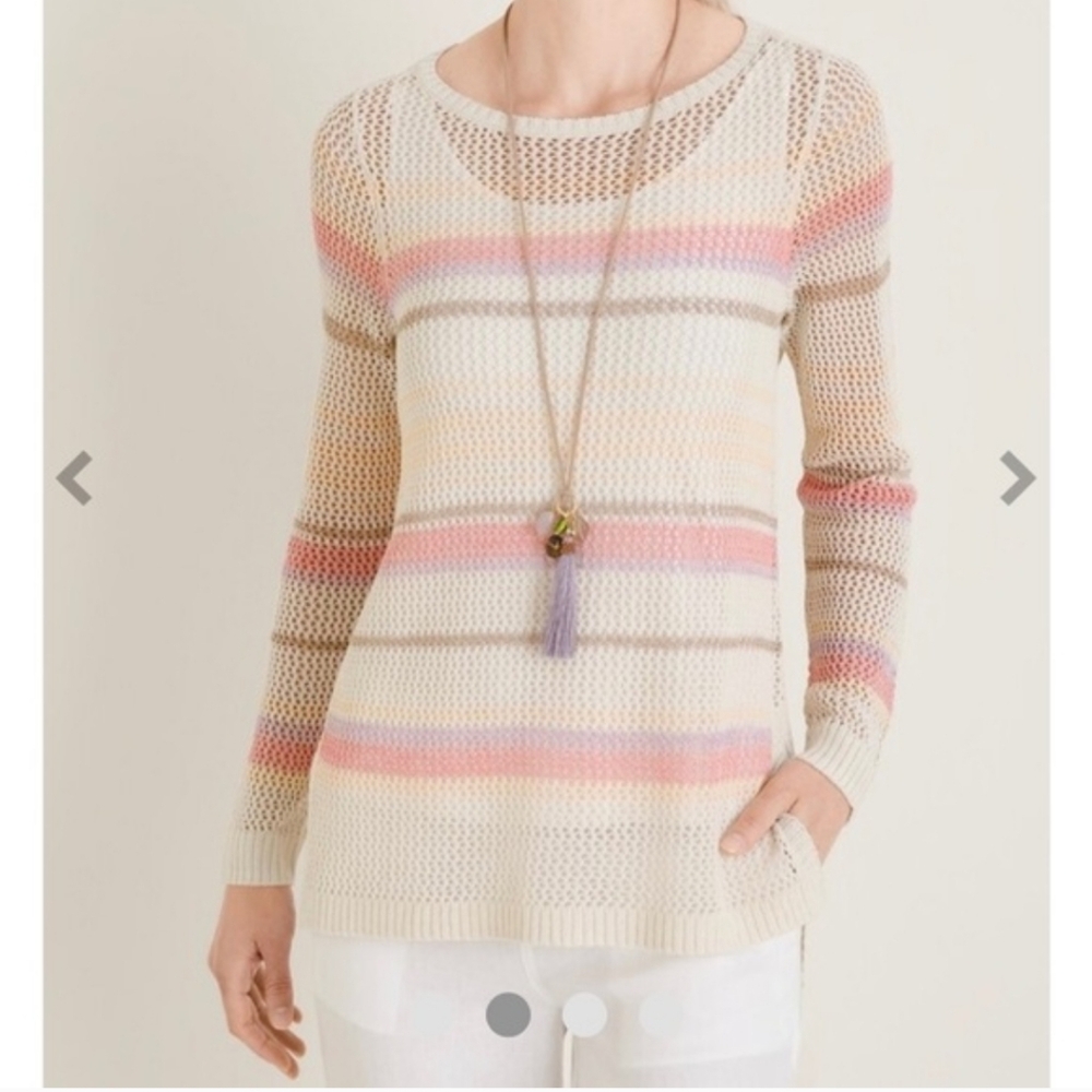 Talbots Open Knit Crochet Sweater Crew Neck Size 1 Pink Beige Stripe Cotton